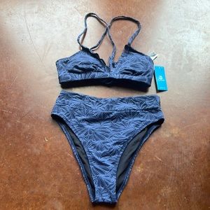 NWT CupShe Navy Floral Jacquard Scalloped and High Waisted Bikini